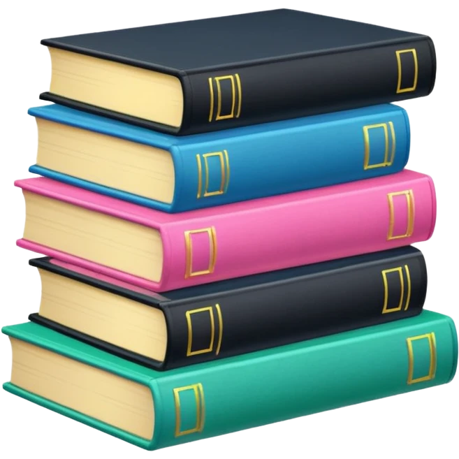 a satck of books: two pink, one green, one yellow, two blues, one black emoji