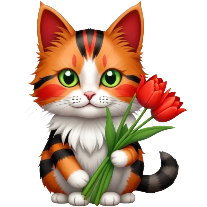 tricolor fluffy cat with big green eyes holding red tulips in her arms emoji