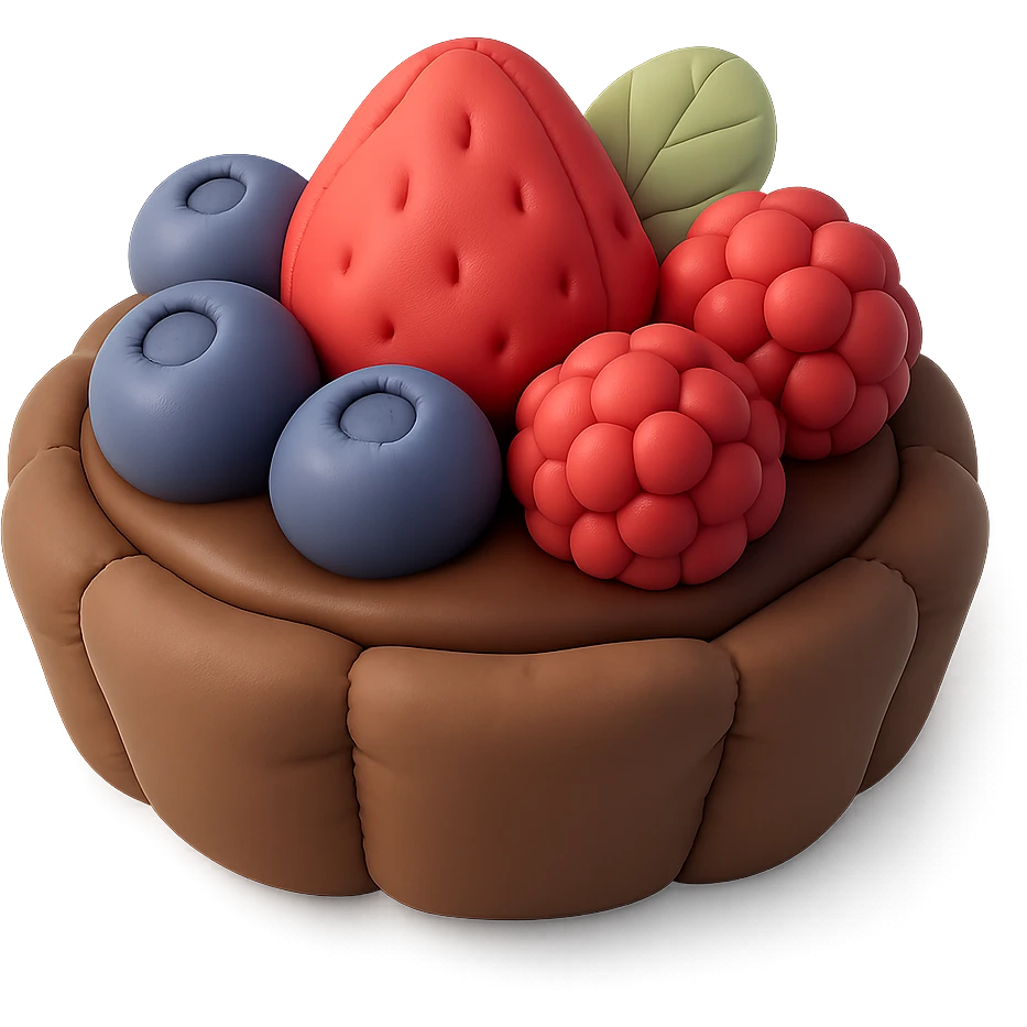 3D cushion style fruit tart with chocolate crust, chocolate ganache, topped with mixed berries and mint leaves, plush and soft emoji