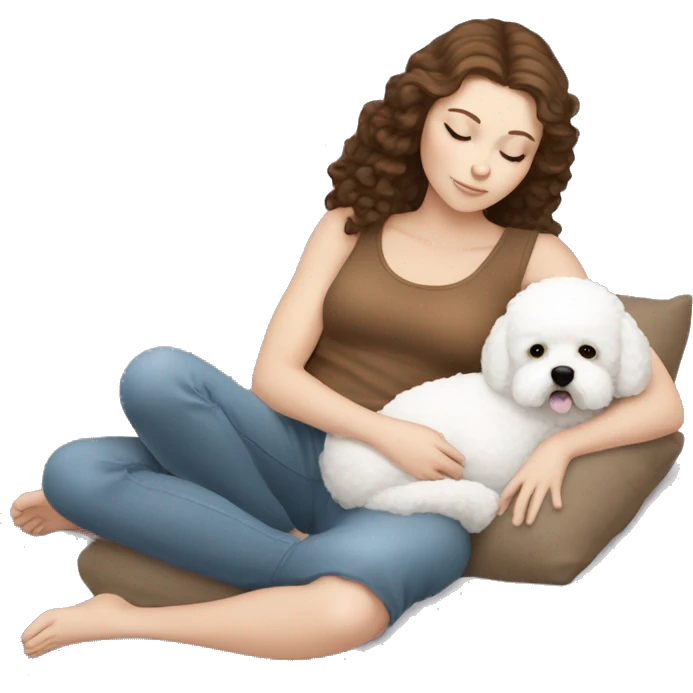 White girl brown hair sleeping with Mini Bichon emoji