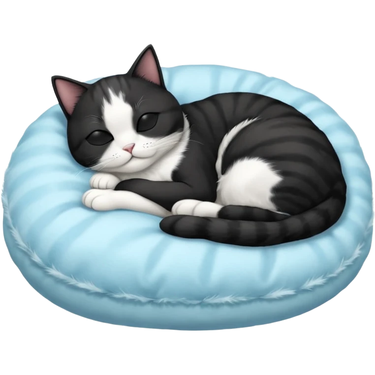 tuxedo short haired cat with his eyes closed sleeping in a lightblue pillow emoji