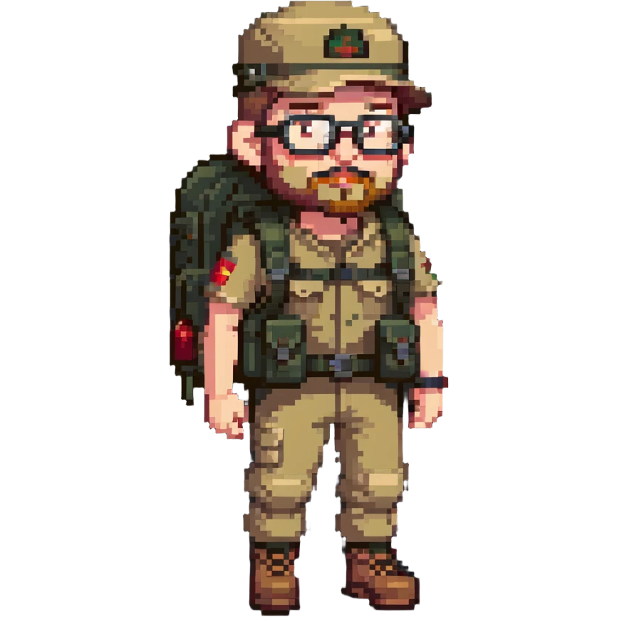 adventurer with goatee beard (no beard on cheeks), short hair, glasses, backwards military tan cap and backpack emoji