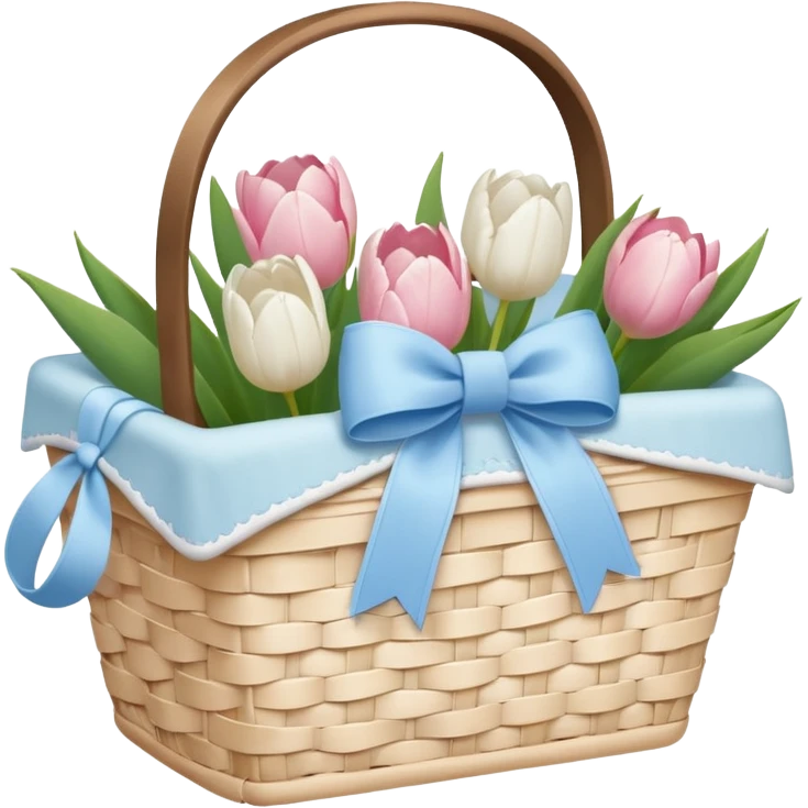 A white Picnic basket with pastel blue bow, white peonie, tulips emoji