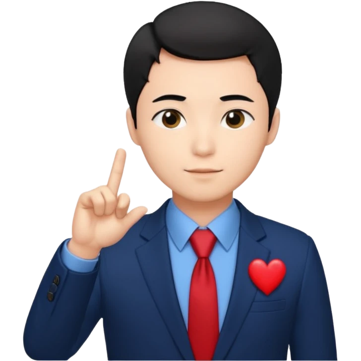 A man in very black short hair with all back hair style, wearing dark blue suit and red tie, making a Korean finger heart like photo emoji