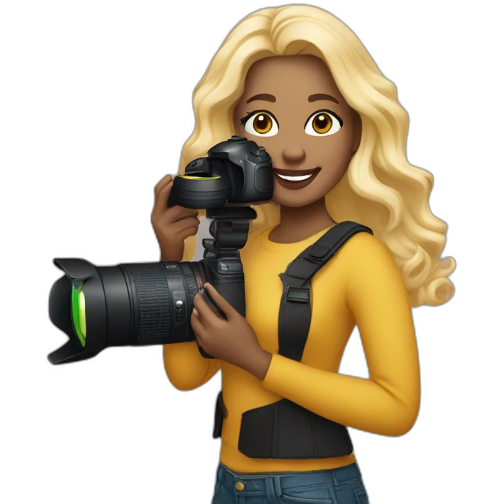 women photographer wearing black light skin with honey colored blonde hair holding a camera canon emoji