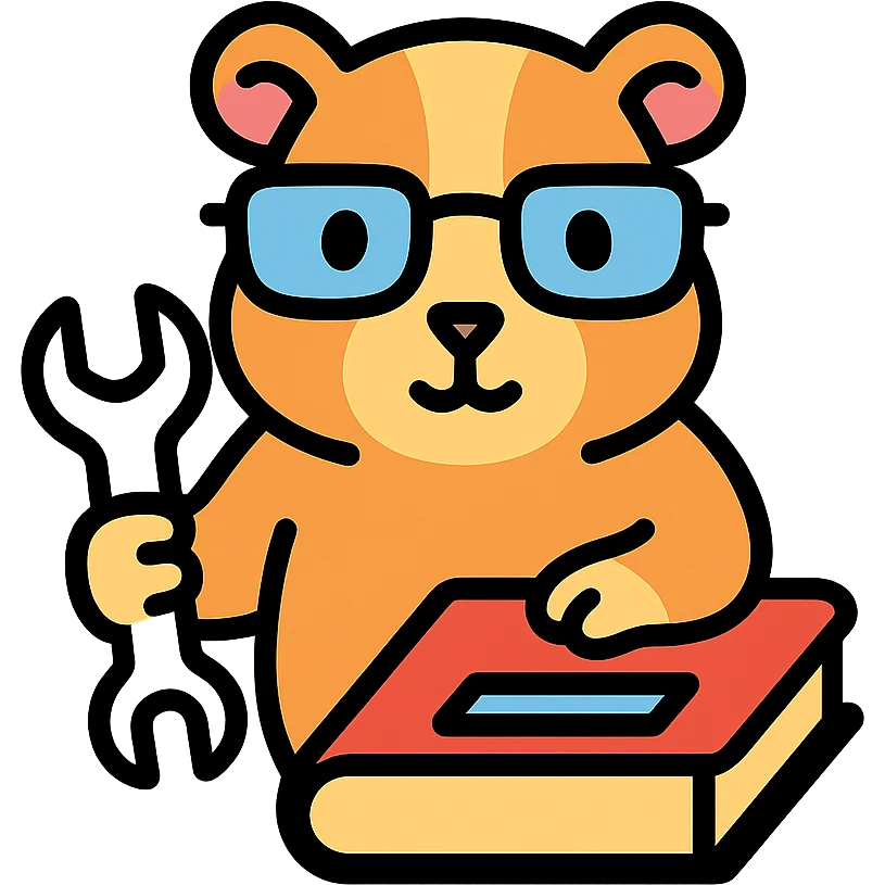 studious guinea pig with glasses, holding a wrench and fixing a book, color outline icon emoji