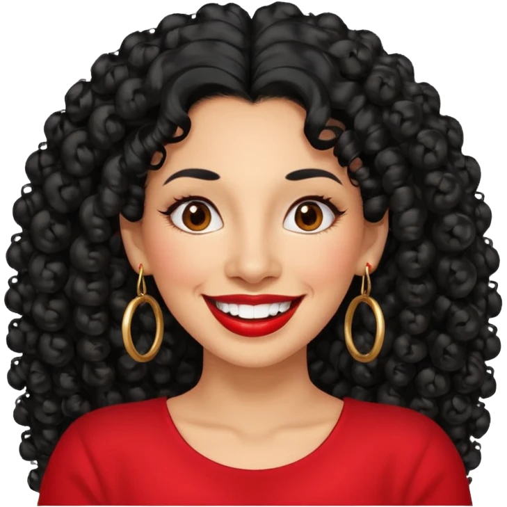 40 yr old peruvian woman, very curly long black hair, red lipstick, big smile, white teeth, brown eyes, hoop earings emoji