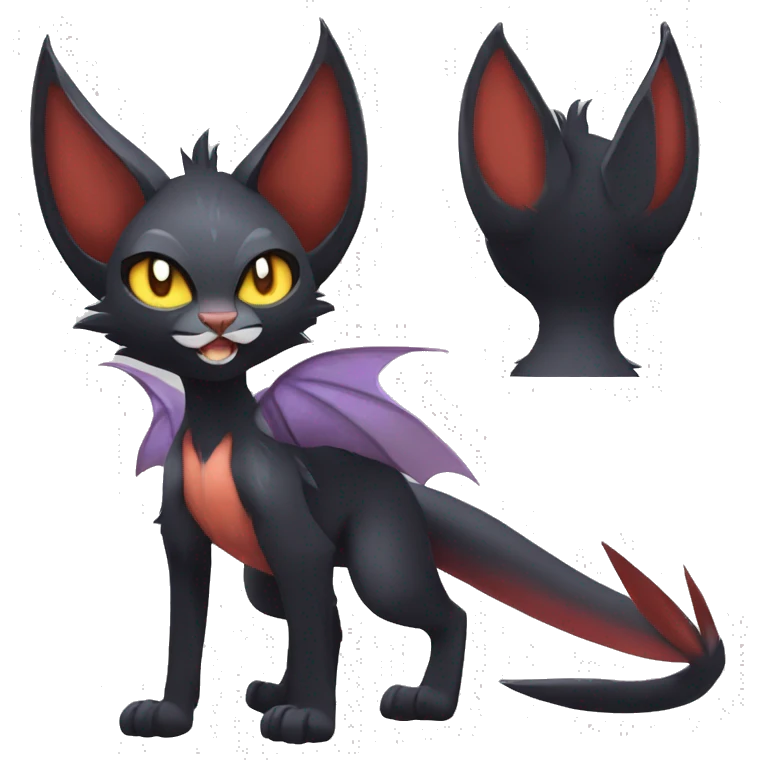 Black cool beautiful vampiric anime Noivern-Litten-Lykoi-Caracal-Fakemon with big bat ears full-body emoji