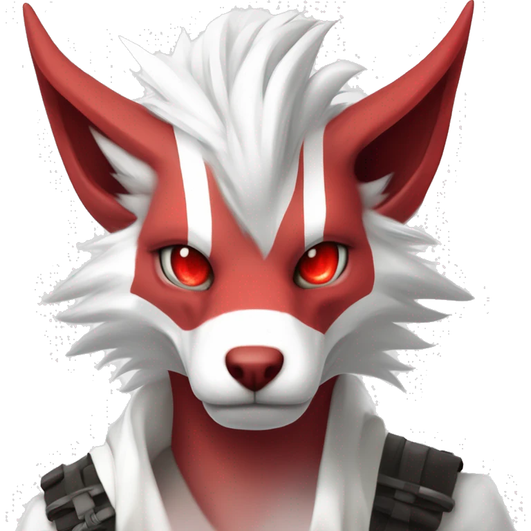 White edgy cute badass epic anthro modern albino sergal-vernid-Fakémon with red mane and red eyes, red stripes, red horns,  full body emoji
