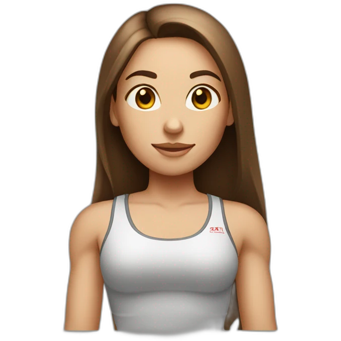 fitness girl with straight long brown hair, wearing white emoji