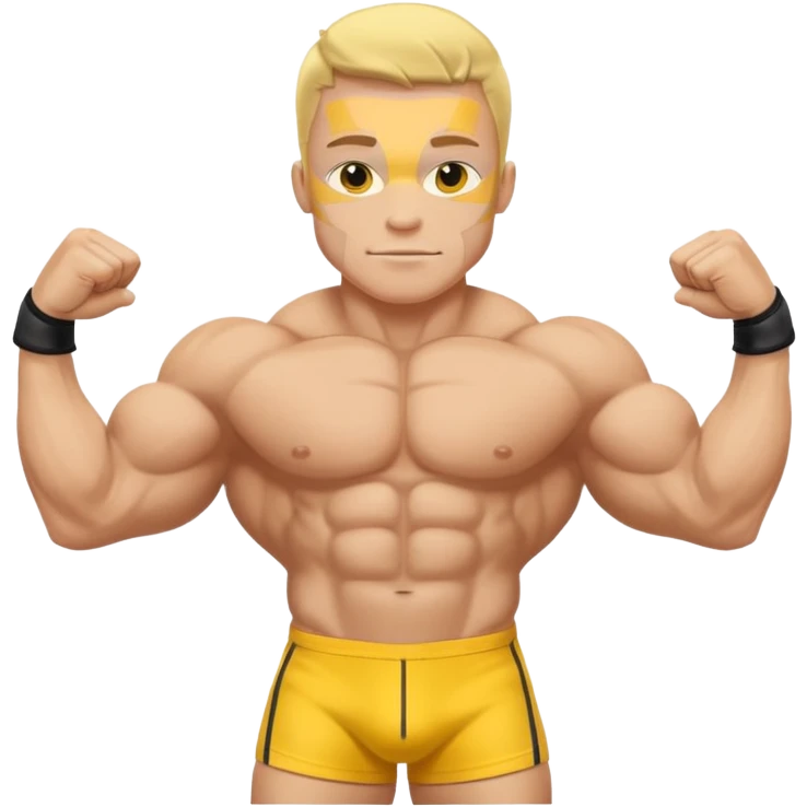 bodybuilder doble biceps possing; complete body; yellow skin; no wrist bands; wearing a speedo emoji