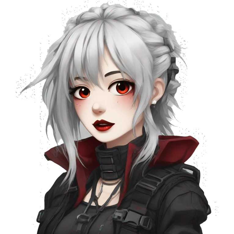 Gorgeous gothic dark techwear anime style lady with blushing face aesthetic and pretty edgy black red punk messy hair with collar and harness trending style emoji