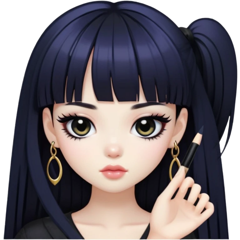 straight black long bangs hair, korean pale skin, dark black iris, pretty bratz baddie, black eyeliner emoji