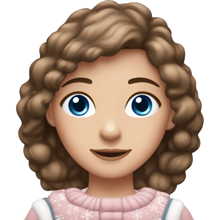 Girl with blue eyes and brown hair in a light, pink, snowy ￼ Christmas outfit emoji