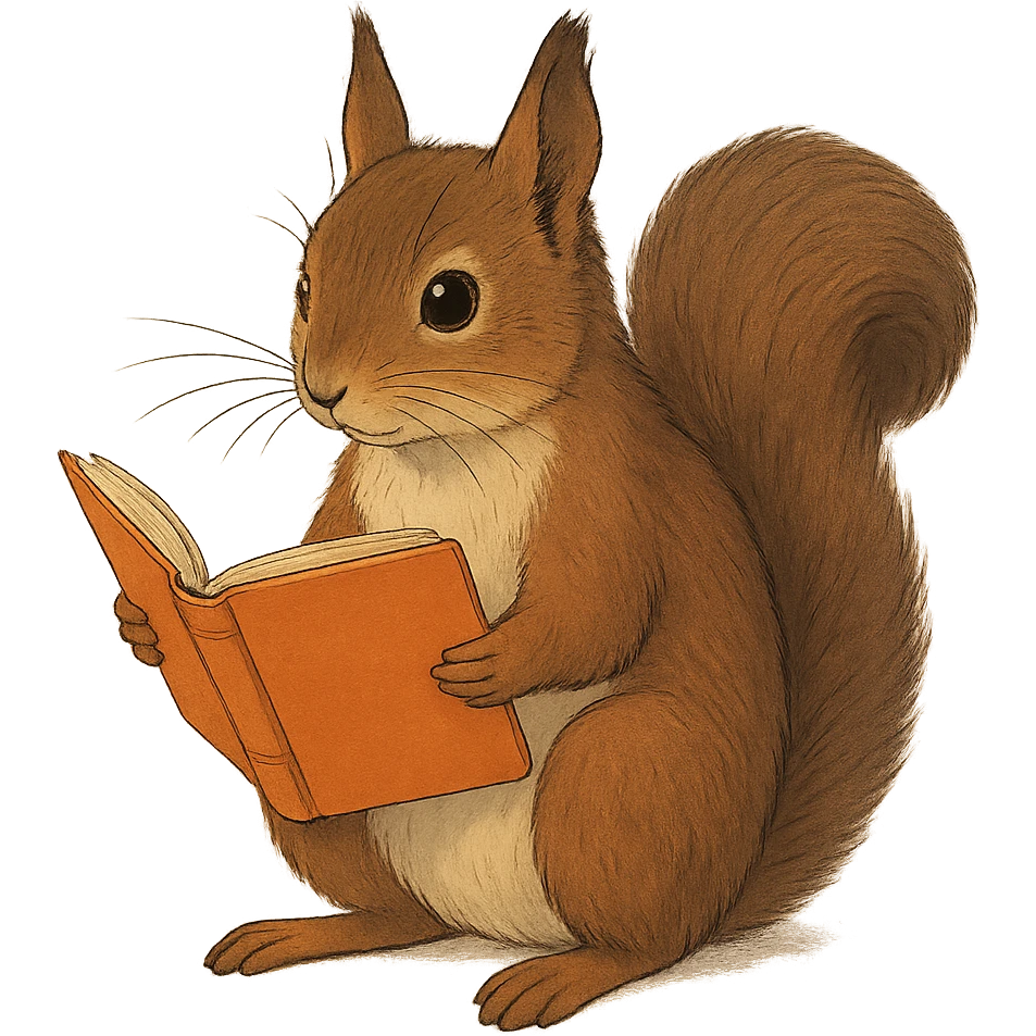 A cute brown squirrel with an orange book, studying at Siberian Federal University, sitting, full body, detailed fur, intelligent and beautiful emoji