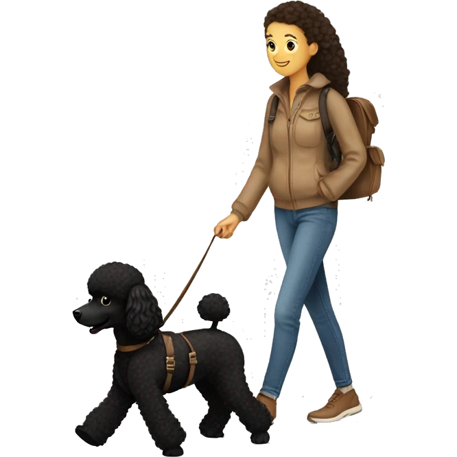 3 legs One Small unshaved Black Poodle with brown harness is walking with a pretty girl emoji