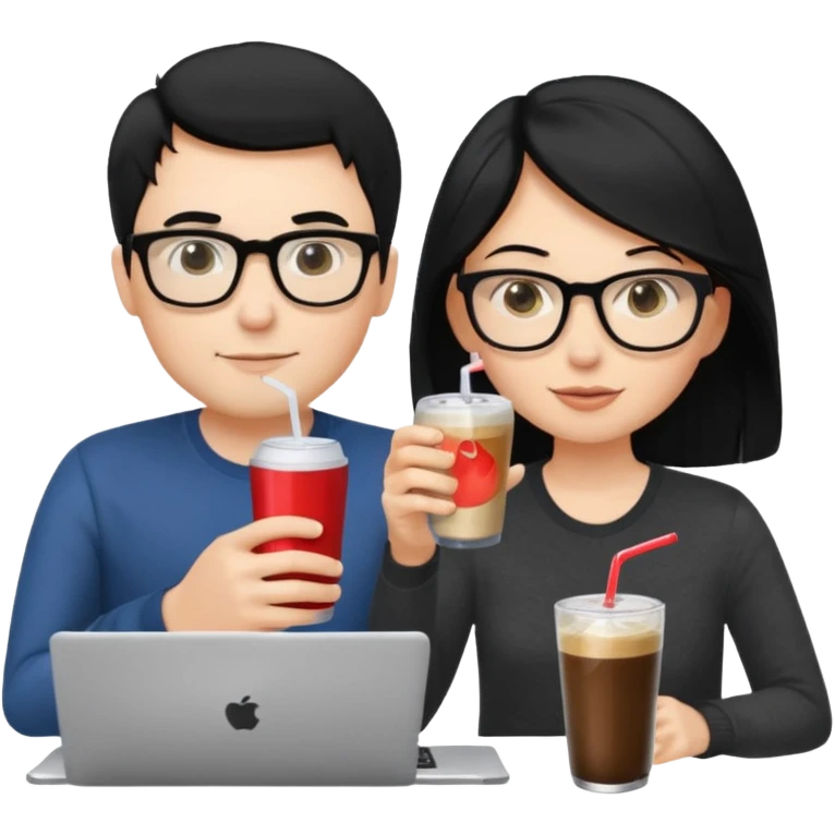 Hombre blanco con gafas, pelo negro tomando un refresco frente a un ordenador con ropa de sport,  y se ve en la pantalla del ordenador una mujer rubia tomando café emoji