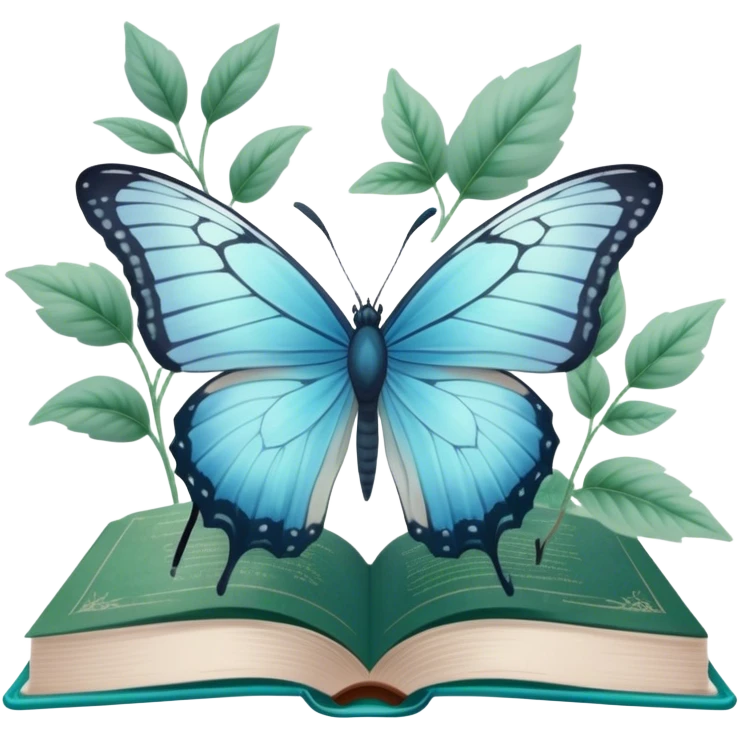 A pale blue butterfly hovering over an open green book with faded botanical illustrations. emoji