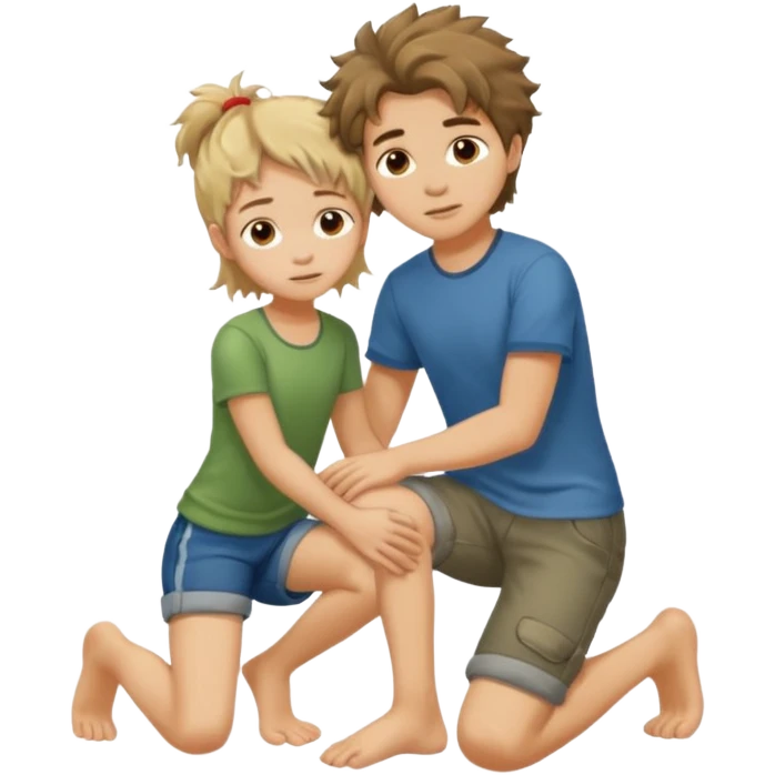 barefooted boy with messy hair putting his foot on a kneeling girl emoji