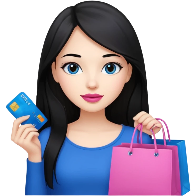 Girl with long black hair, pink lipstick, brown eyes holding shopping bags and blue credit card emoji