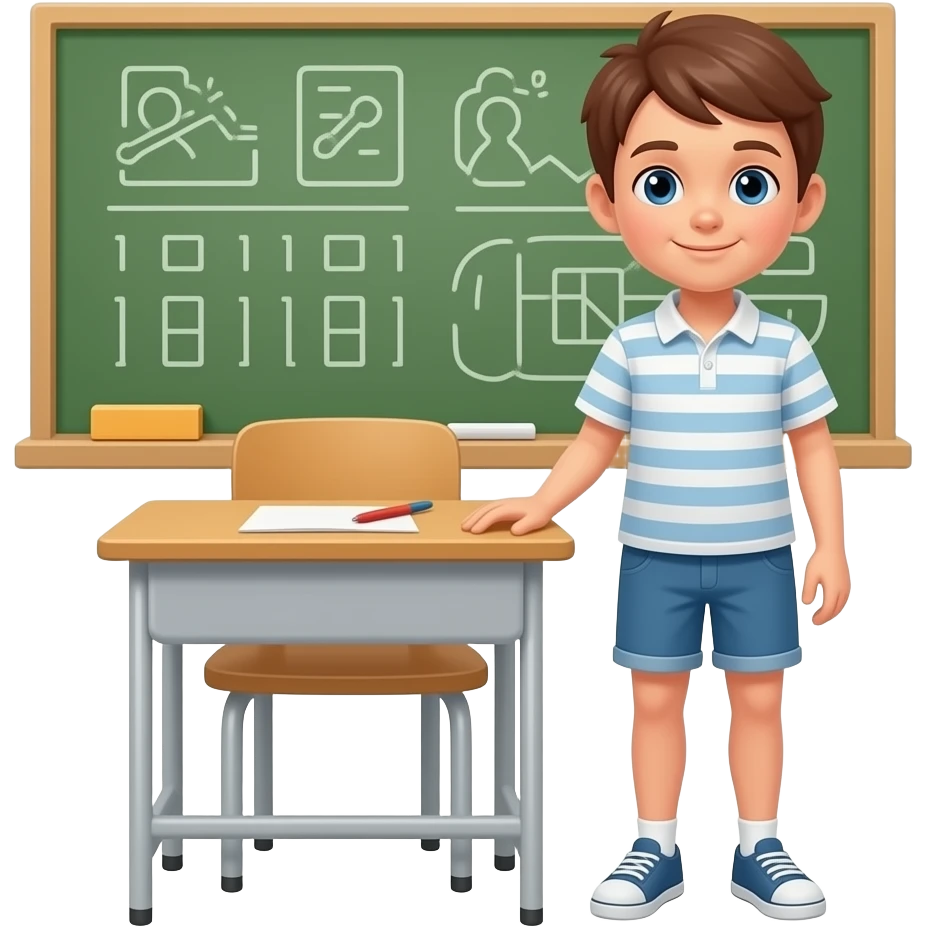 child standing up next to desk in class emoji