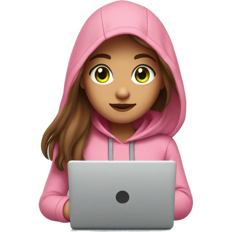 A girl with brown long hair, fair skin and green eyes, working at a modern laptop in a plain pink hoodie emoji