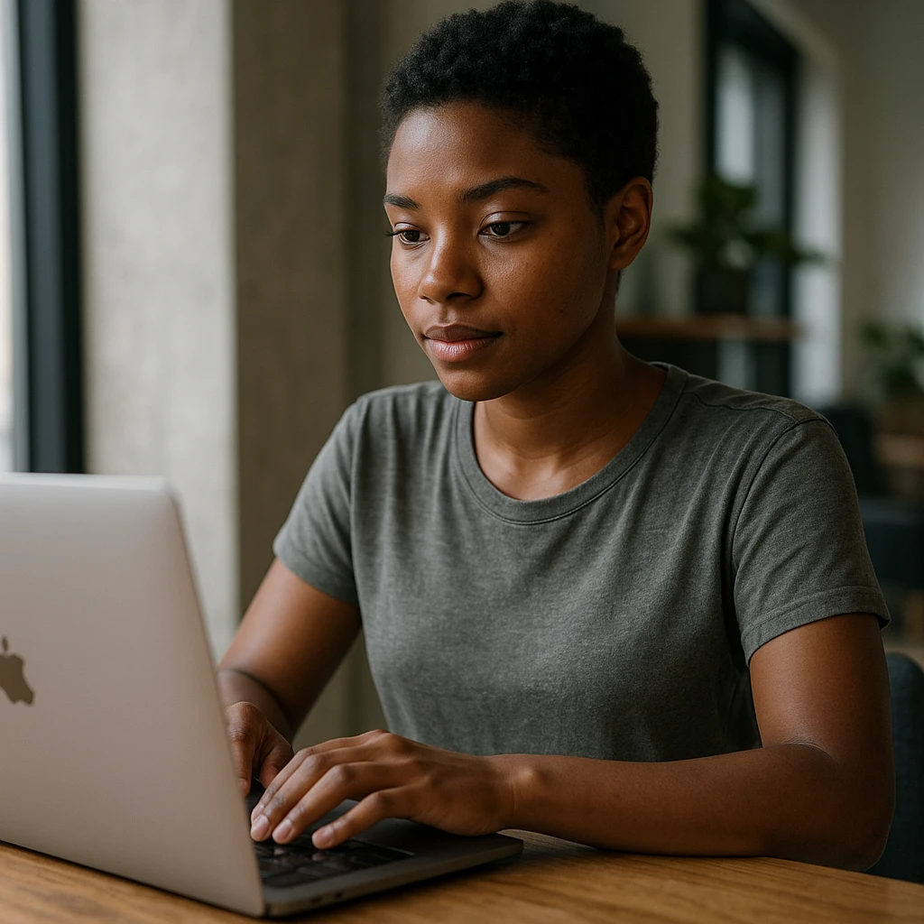 A girl with a dark complexion and short dark hair, wearing casual clothes, working on a laptop, realistic style, natural lighting, detailed, in a modern setting emoji