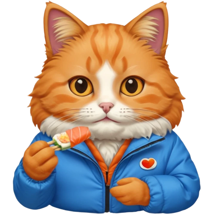 cat wearing a puffy jacket and eating sushi emoji