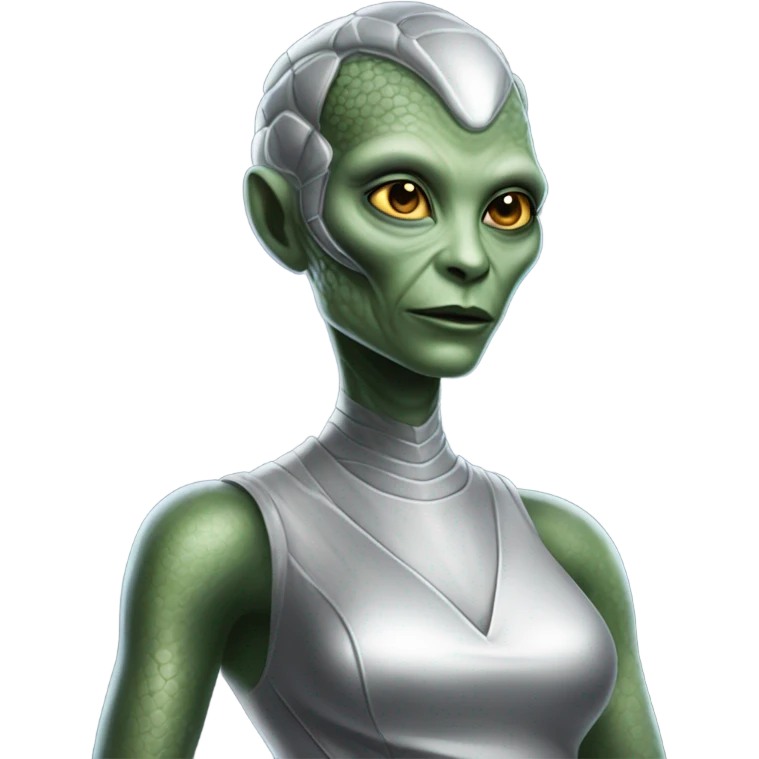 Alien reptilian woman in silver dress, working emoji