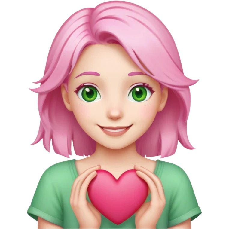 girl with pink and white hair, green eyes, smiling, holding a heart, emoji style emoji