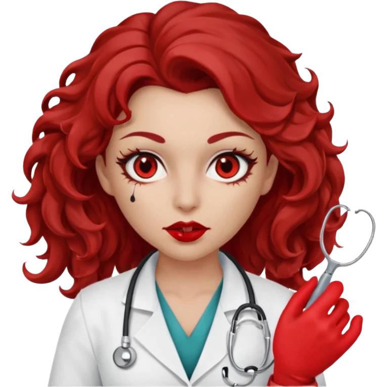 Lilith scalpel in hand, evil surgeon sexy surgeon clothes.  She has red eyes. She brown long curly hair. Wears sexy doctor outfit with red gloves. Hides mouth necknose with red bandana to hide her identity emoji