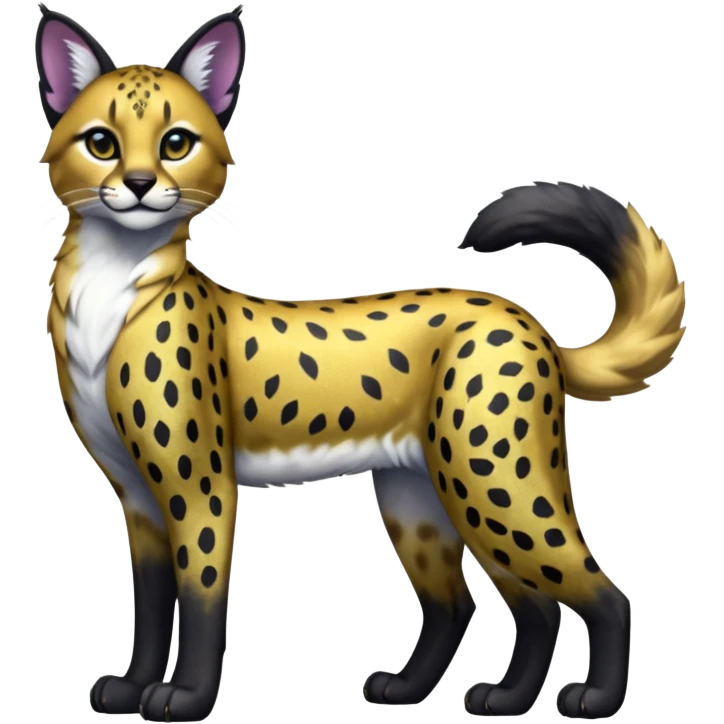 Colorful adorable shiny spectral glittery soft smooth black gloomy dark dull melanistic black-and-gold-glittery wealthy luxurious accessorized elegant beautiful pretty Caracal-Cheetah-Serval-Snow-Leopard-Trico-Sergal-Vernid-fusion-hybrid-animal-creature, full body emoji