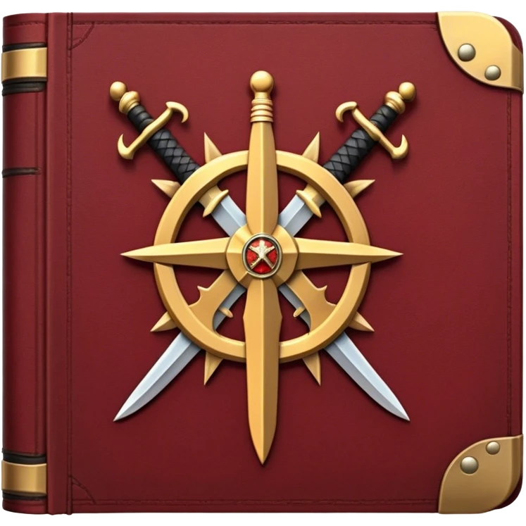 A dark crimson red book with black and gold details, a rugged leather texture, and an emblem of crossed swords, a knight chess piece, or a battle flag, radiating strategy, discipline, and the art of power emoji