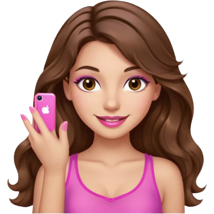 girl with long wavy brown hair, brown eyes, long lashes, sexy pink lips, light to medium complexion, wearing a pink sexy top, smiling, finger tips touching emoji