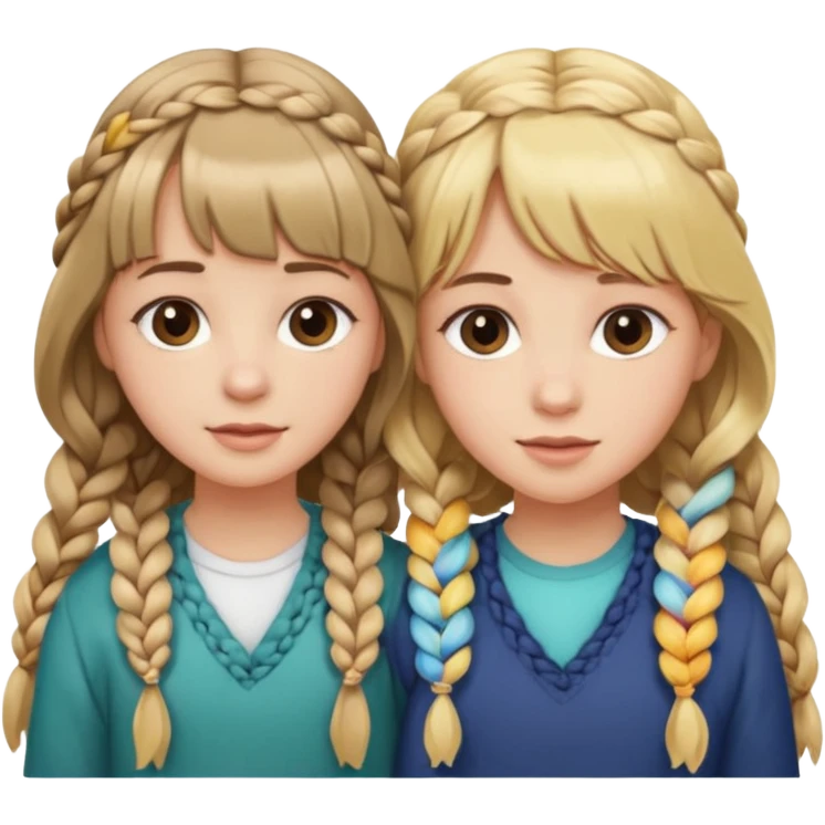 Sister with bangs and long wavy blonde hair and her sister with brown hair with bangs and longb hair braided to one side.  Close loving sisters💛 emoji