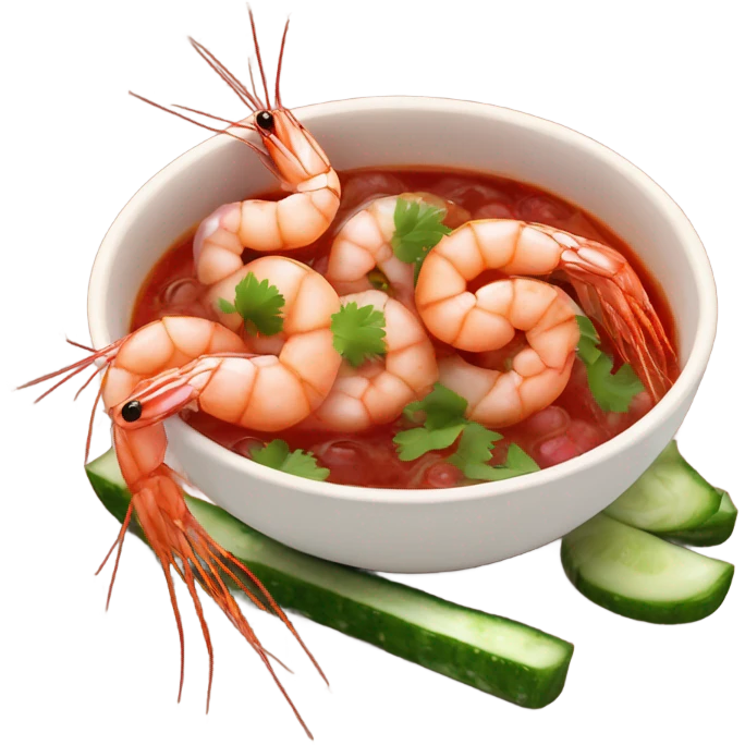 Shrimps in cup with red sauce cucumber onions cilantro  emoji