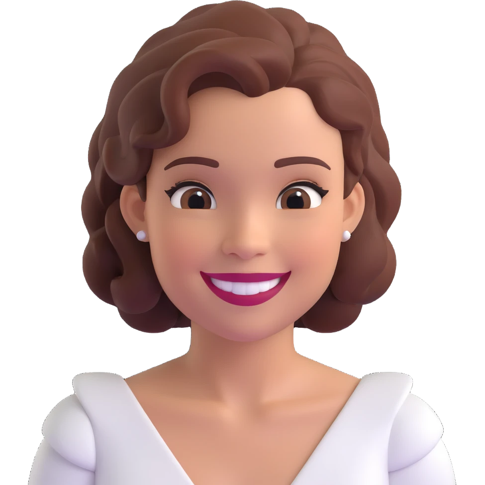 emoji style portrait of a woman matching her facial features, hairstyle, and skin tone, wearing a white dress, smiling emoji