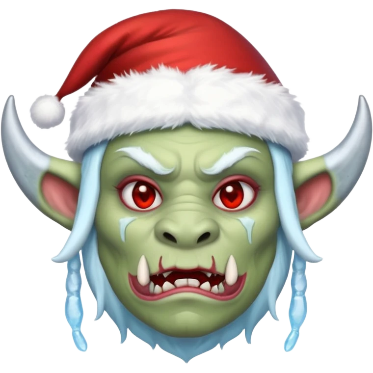 Fantasy orc emoji portrait, Santa Claus hat stretched around tusks, tusks covered with ice and crimson frost cracks, cold predator expression, winter hunt atmosphere, minimal clean emoji design, female variant
 emoji