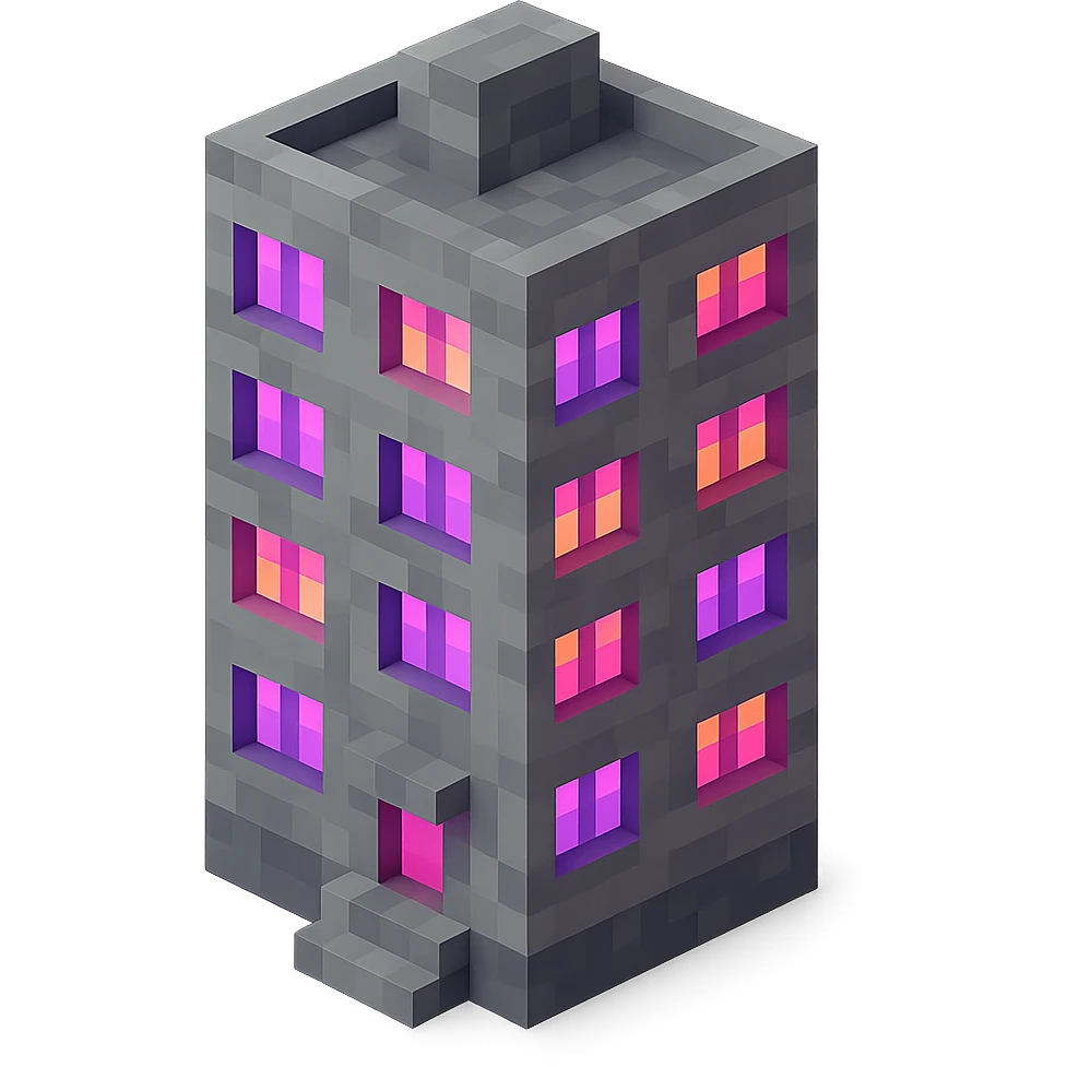 voxel style Russian panel apartment building with fewer blocks, gray concrete, windows glowing with ultraviolet (UV) color, isometric view emoji