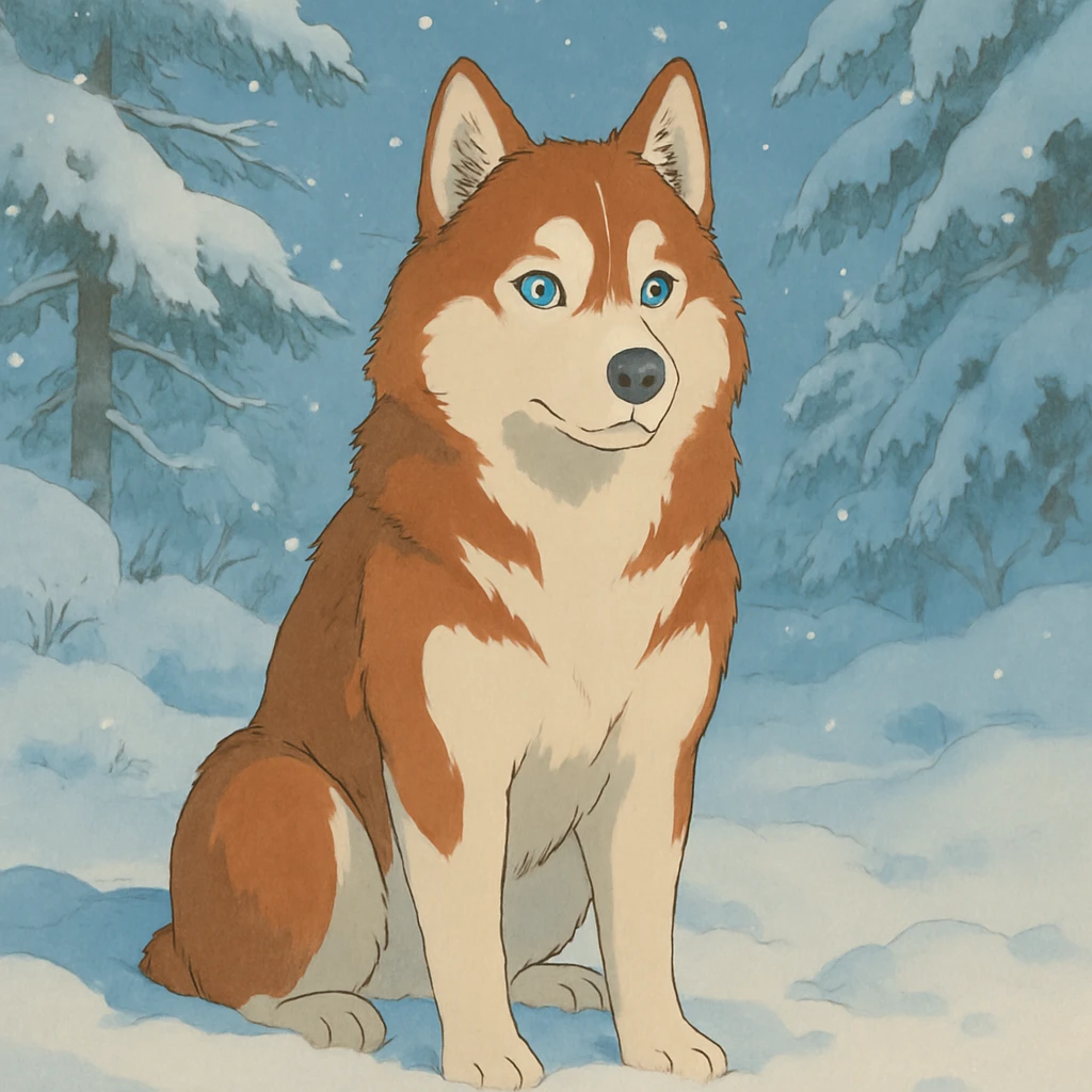 red siberian husky with blue eyes sitting in the snow emoji