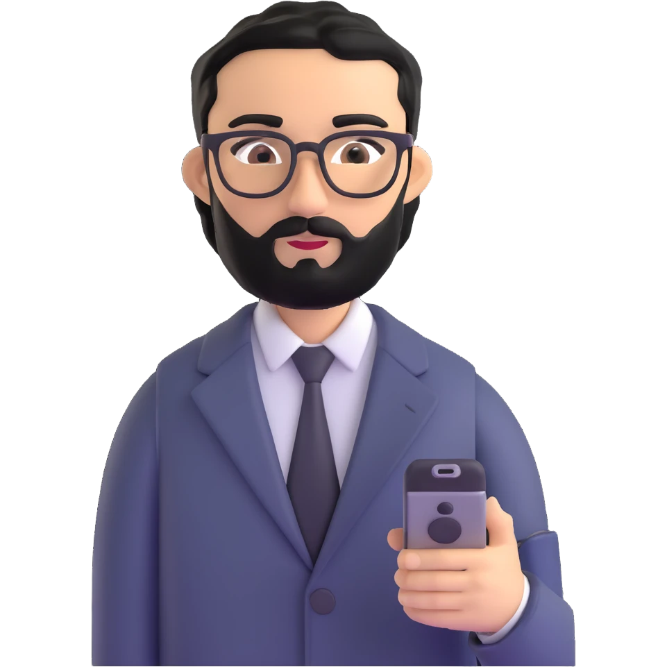 full body standing pose of same professional man with medium black beard, neat black hair, connected unibrow, olive tan skin, brown eyes, glasses, prominent nose, dressed in formal black jacket, with mobile phone emoji