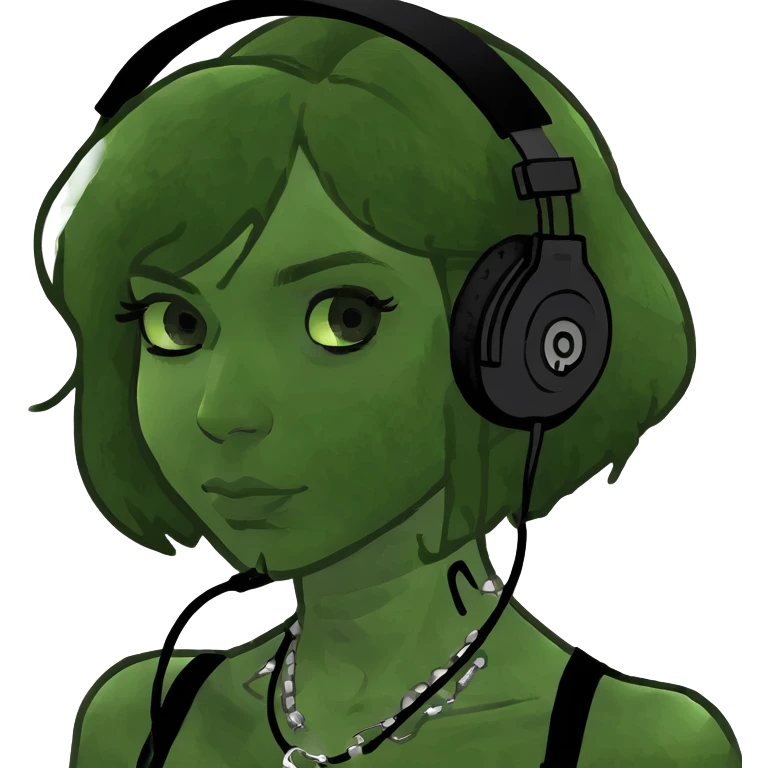 cool white girl with medium length shaggy brown hair with all black headphones and cool jewelry and a nose piercing  emoji