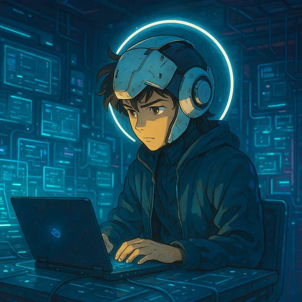 ghibli style futuristic tech boy with robot helmet, glowing white circle, high-tech laptop, neon cyberpunk room, holographic displays, focused, mysterious emoji