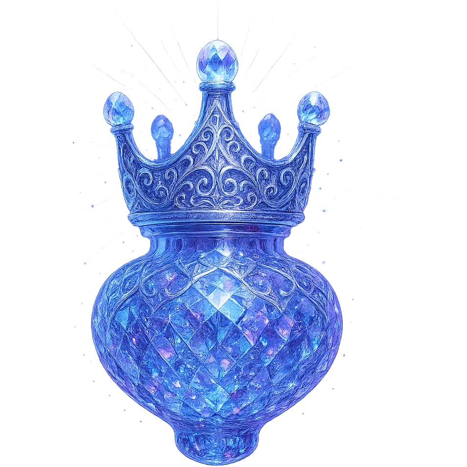 ultra luxurious crystal elixir bottle shaped like a crown, color #7986cb, multi-layered holographic and silver filigree, intricate crystal texture, magical glowing and sparkling effects, radiant light beams, very small neck, seamless and beautifully rounded joined bottom (not flat or open like a glass), transparent background, bottle clearly floating in air, no base or shadow, not standing, modern, collection style, extremely beautiful and refined emoji