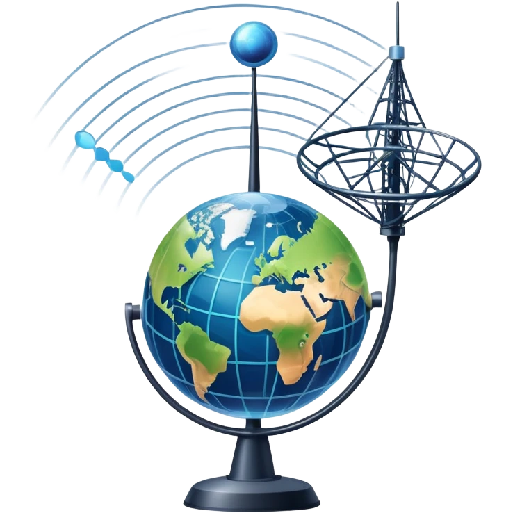 An icon featuring a satellite dish, cell tower with signal waves, and an earth, connected by lines, symbolizing telecommunications. The design includes data signals, network nodes, and a mobile device, representing global digital communication. Transparent background emoji