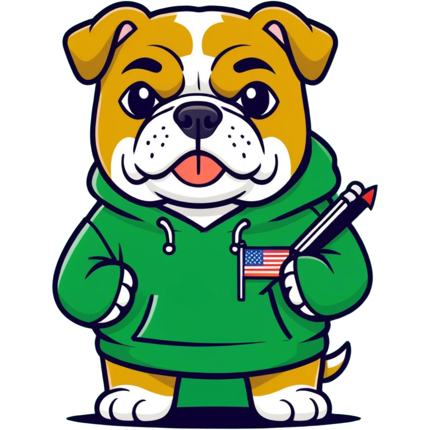A bulldog wearing a green sweatshirt holding a little green flag emoji