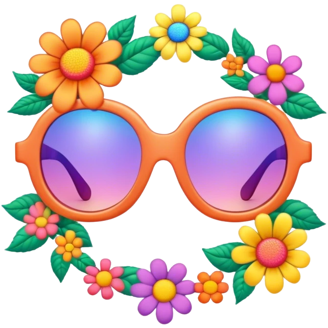 3D, psychedelic colored sunglasses with hippie style flower border emoji