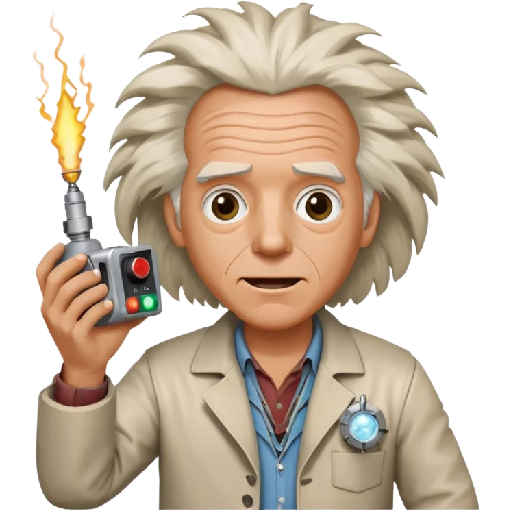 Doc Brown from Back to the Future, holding a flux capacitor, excited face, wild hair emoji