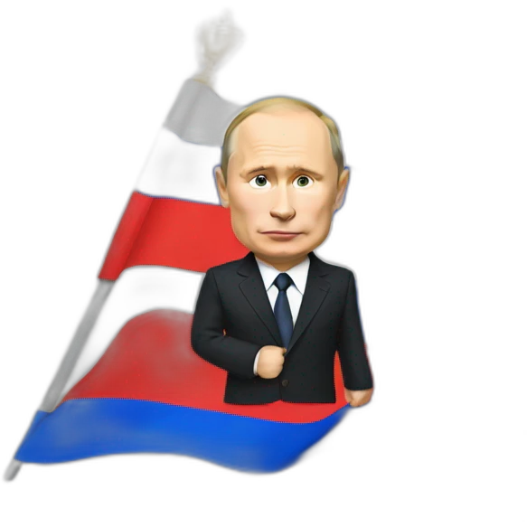 Putin holds the Russian flag, but instead of red it is blue emoji