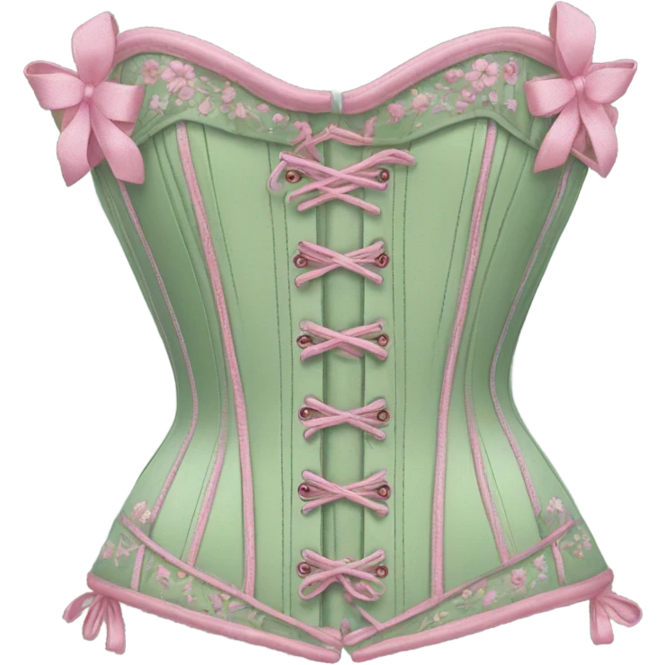 Sage green corset with flower embroidery and pink bows, isolated emoji